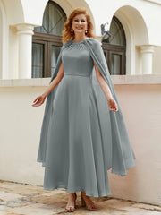 Robe de A-ligne à Col en Bijou Longueur de Mollet en Mousseline Gris Acier