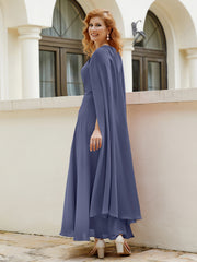 Robe de A-ligne à Col en Bijou Longueur de Mollet en Mousseline Orageux
