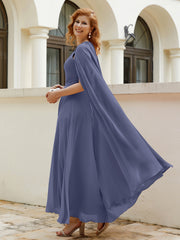 Robe de A-ligne à Col en Bijou Longueur de Mollet en Mousseline Orageux