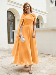 Robe de A-ligne à Col en Bijou Longueur de Mollet en Mousseline Mandarine