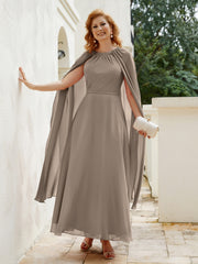 Robe de A-ligne à Col en Bijou Longueur de Mollet en Mousseline Taupe Grande Taille