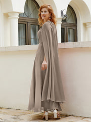 Robe de A-ligne à Col en Bijou Longueur de Mollet en Mousseline Taupe Grande Taille