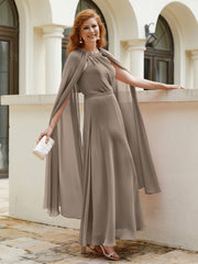 Robe de A-ligne à Col en Bijou Longueur de Mollet en Mousseline Taupe