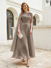 Robe de A-ligne à Col en Bijou Longueur de Mollet en Mousseline Taupe Grande Taille