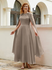 Robe de A-ligne à Col en Bijou Longueur de Mollet en Mousseline Taupe Grande Taille