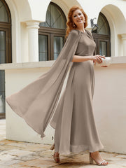 Robe de A-ligne à Col en Bijou Longueur de Mollet en Mousseline Taupe