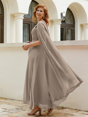Robe de A-ligne à Col en Bijou Longueur de Mollet en Mousseline Taupe Grande Taille