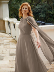 Robe de A-ligne à Col en Bijou Longueur de Mollet en Mousseline Taupe