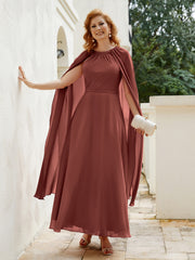 Robe de A-ligne à Col en Bijou Longueur de Mollet en Mousseline Terracotta Grande Taille