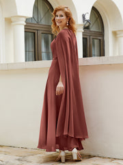 Robe de A-ligne à Col en Bijou Longueur de Mollet en Mousseline Terracotta Grande Taille