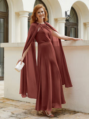 Robe de A-ligne à Col en Bijou Longueur de Mollet en Mousseline Terracotta
