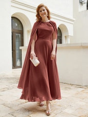 Robe de A-ligne à Col en Bijou Longueur de Mollet en Mousseline Terracotta Grande Taille