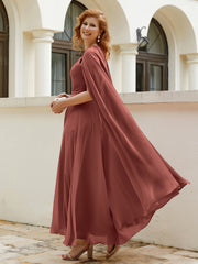 Robe de A-ligne à Col en Bijou Longueur de Mollet en Mousseline Terracotta Grande Taille