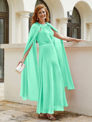 Robe de A-ligne à Col en Bijou Longueur de Mollet en Mousseline Turquoise