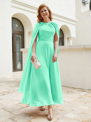 Robe de A-ligne à Col en Bijou Longueur de Mollet en Mousseline Turquoise