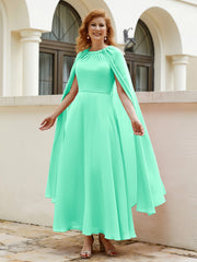 Robe de A-ligne à Col en Bijou Longueur de Mollet en Mousseline Turquoise
