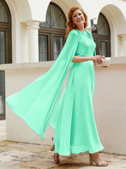 Robe de A-ligne à Col en Bijou Longueur de Mollet en Mousseline Turquoise