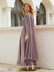 Robe de A-ligne à Col en Bijou Longueur de Mollet en Mousseline Vintage Mauve