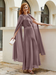 Robe de A-ligne à Col en Bijou Longueur de Mollet en Mousseline Vintage Mauve