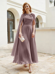 Robe de A-ligne à Col en Bijou Longueur de Mollet en Mousseline Vintage Mauve