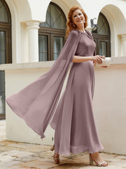 Robe de A-ligne à Col en Bijou Longueur de Mollet en Mousseline Vintage Mauve