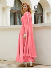 Robe de A-ligne à Col en Bijou Longueur de Mollet en Mousseline Pastèque Grande Taille