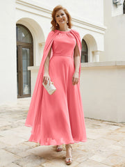 Robe de A-ligne à Col en Bijou Longueur de Mollet en Mousseline Pastèque Grande Taille
