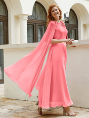 Robe de A-ligne à Col en Bijou Longueur de Mollet en Mousseline Pastèque Grande Taille
