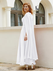 Robe de A-ligne à Col en Bijou Longueur de Mollet en Mousseline Blanc Grande Taille
