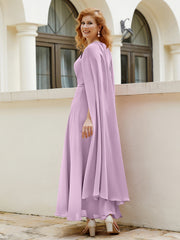 Robe de A-ligne à Col en Bijou Longueur de Mollet en Mousseline Glycine