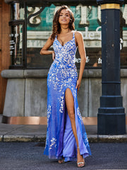 Robe en Tulle à Bretelles Spaghetti avec Fente Haute Bleu Royale Grande Taille