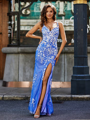 Robe en Tulle à Bretelles Spaghetti avec Fente Haute Bleu Royale