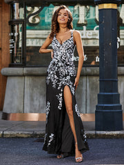 Robe en Tulle à Bretelles Spaghetti avec Fente Haute Noir Grande Taille
