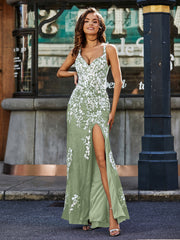 Robe en Tulle à Bretelles Spaghetti avec Fente Haute Sauge Poudrée Grande Taille