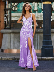 Robe en Tulle à Bretelles Spaghetti avec Fente Haute Lilas