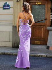 Robe en Tulle à Bretelles Spaghetti avec Fente Haute Lilas