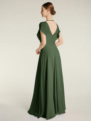 Encolure En V Mousseline Maxi Robes Avec Fente Olive Verte