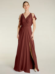 Encolure En V Mousseline Maxi Robes Avec Fente terracotta Grande Taille