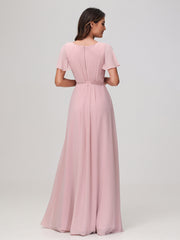 Robe en Mousseline Froncée à Manches Flottantes avec Ceinture Rose Poudré
