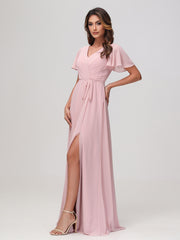 Robe en Mousseline Froncée à Manches Flottantes avec Ceinture Rose Poudré
