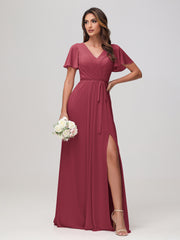 Robe en Mousseline Froncée à Manches Flottantes avec Ceinture Cannelle Rose