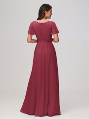 Robe en Mousseline Froncée à Manches Flottantes avec Ceinture Cannelle Rose