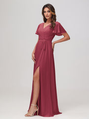 Robe en Mousseline Froncée à Manches Flottantes avec Ceinture Cannelle Rose