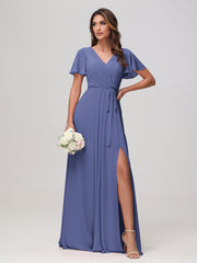 Robe en Mousseline Froncée à Manches Flottantes avec Ceinture Pervenche