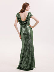 Paillettes Dentelle Robe Demoiselle d'honneur avec Mancheron Olive Verte Grande Taille