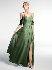 Robe Empire à Bretelles Spaghetti à Manches Volants-Bordés Olive Verte
