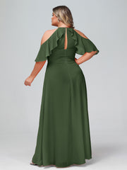 Robe Empire à Bretelles Spaghetti à Manches Volants-Bordés Olive Verte Grande Taille