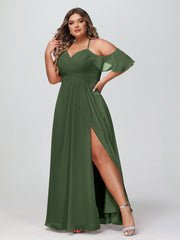 Robe Empire à Bretelles Spaghetti à Manches Volants-Bordés Olive Verte Grande Taille
