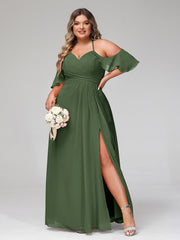 Robe Empire à Bretelles Spaghetti à Manches Volants-Bordés Olive Verte Grande Taille