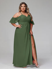Robe Empire à Bretelles Spaghetti à Manches Volants-Bordés Olive Verte Grande Taille